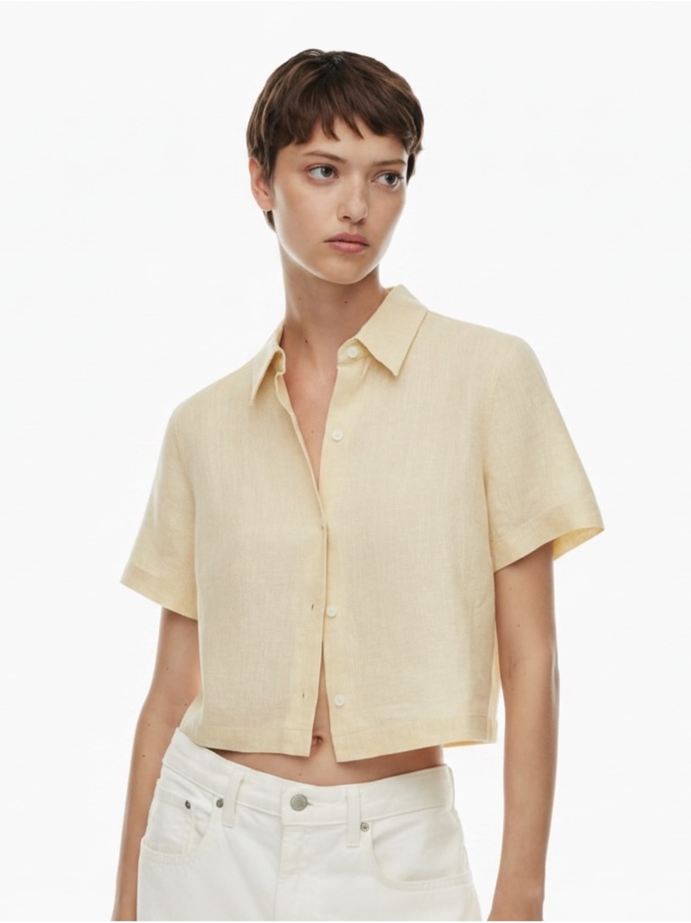 Wilfred Aritzia Gelato Linen Short-Sleeve Button-Down Blouse in Soft Yellow, M